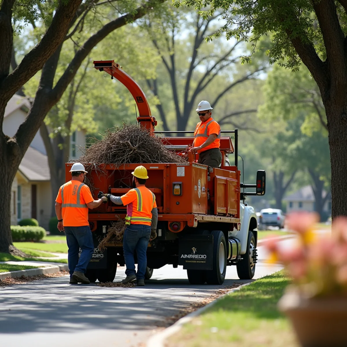 Professional tree service chipper truck and crew operating safely in San Antonio