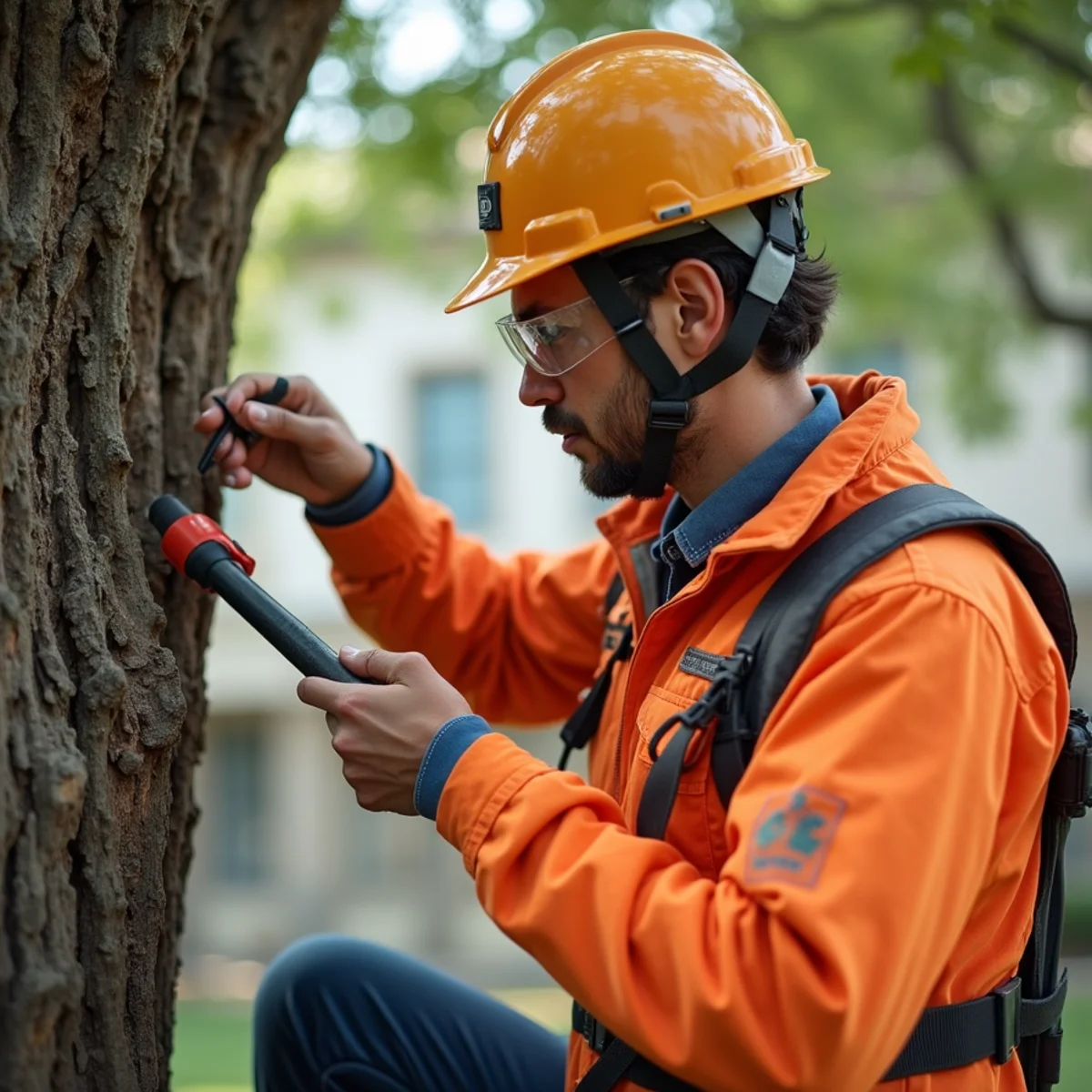 Arborist evaluating tree condition for Drought-Stressed Trees in San Antonio: Watering Rules and Warning Signs
