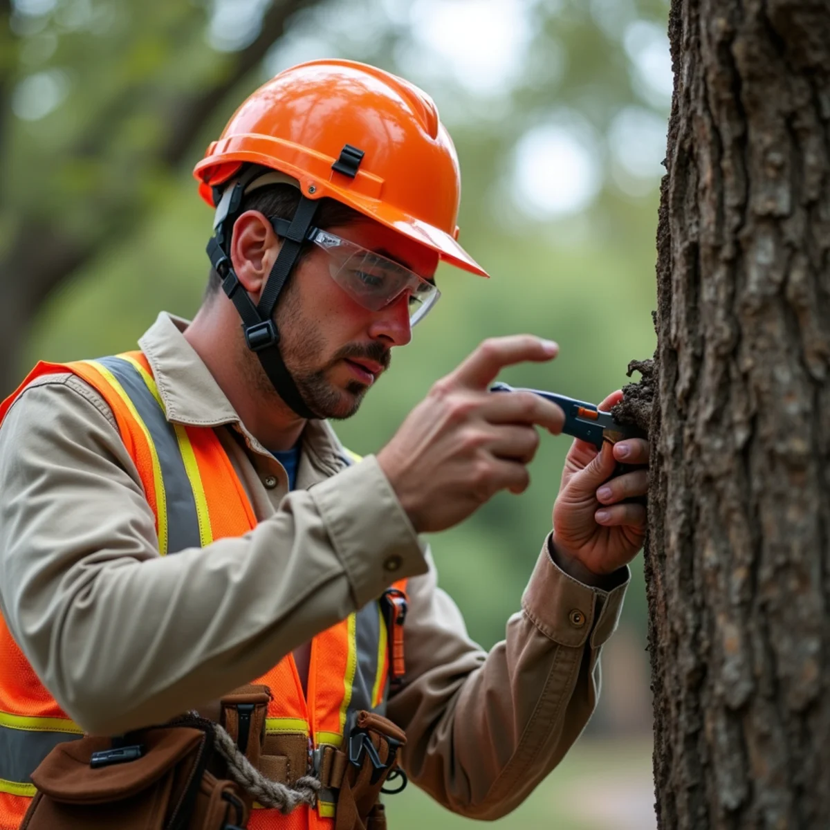 Arborist evaluating tree condition for Does Homeowners Insurance Cover Tree Removal in Texas?