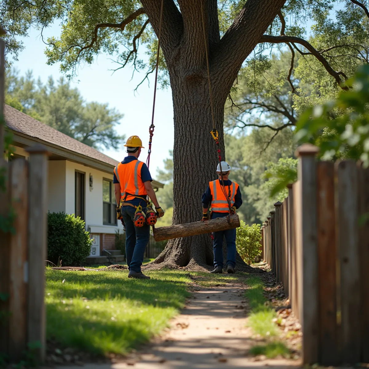 Controlled tree removal near residential home in New Braunfels