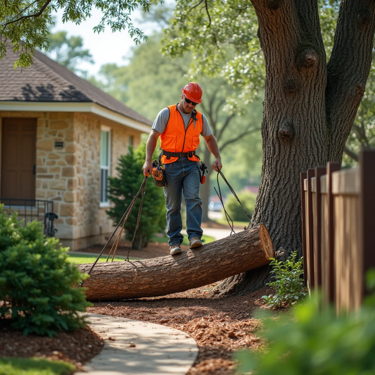 Controlled tree removal near residential home in Timberwood Park