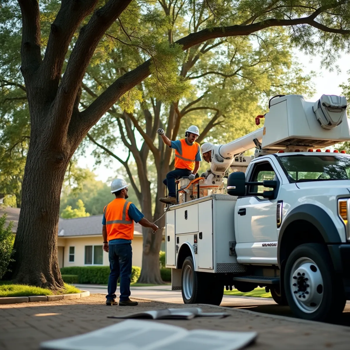 Certified tree care crew pruning residential oak canopy in suburban enclave
