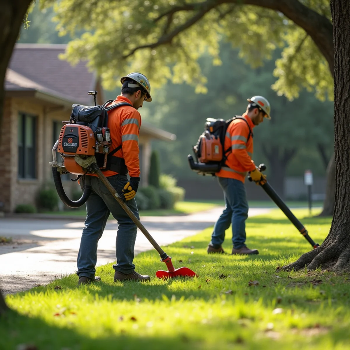 Ground crew power blowing driveway and raking lawn after tree service
