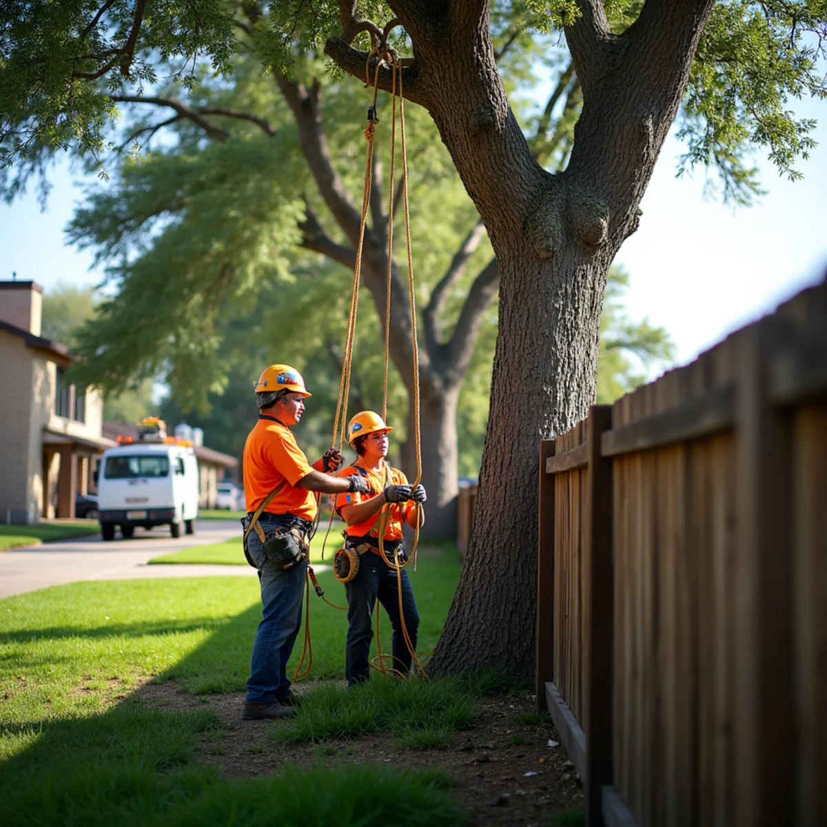 Specialized rope rigging and lowering system for Storm Damage Tree Cleanup
